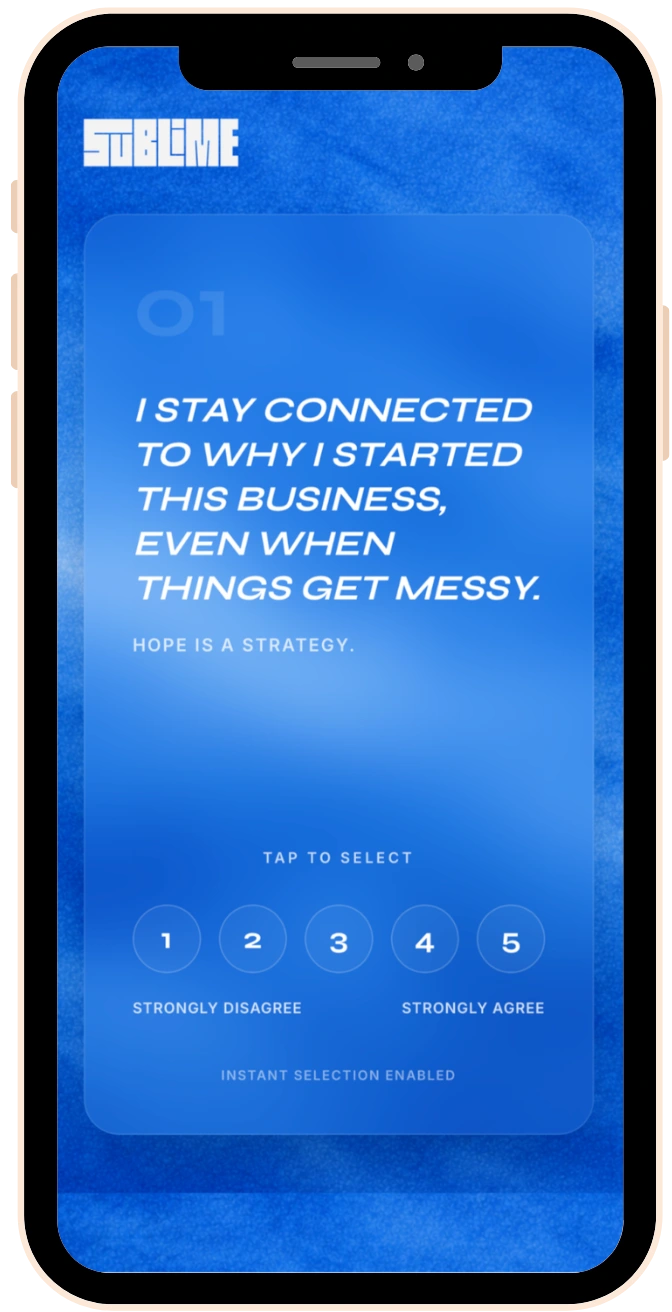 Example Hope question: I stay connected to why I started this business, even when things get messy. Response options range from 1, strongly disagree, to 5, strongly agree.